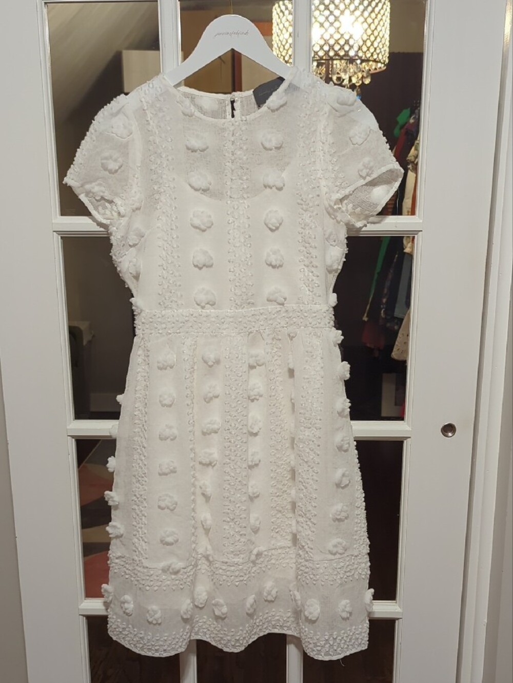 Anthropologie White Pom-Pom Lace Short-Sleeve Dress - Picture 3 of 11